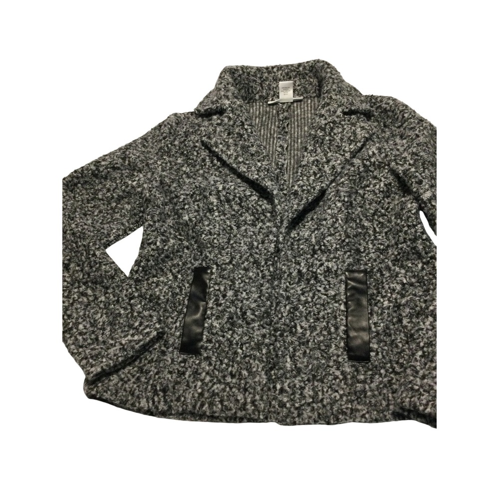 Carole Wren Grey Boucle Knit Jacket‎ Faux Leather Trim Open Front Womens Size M